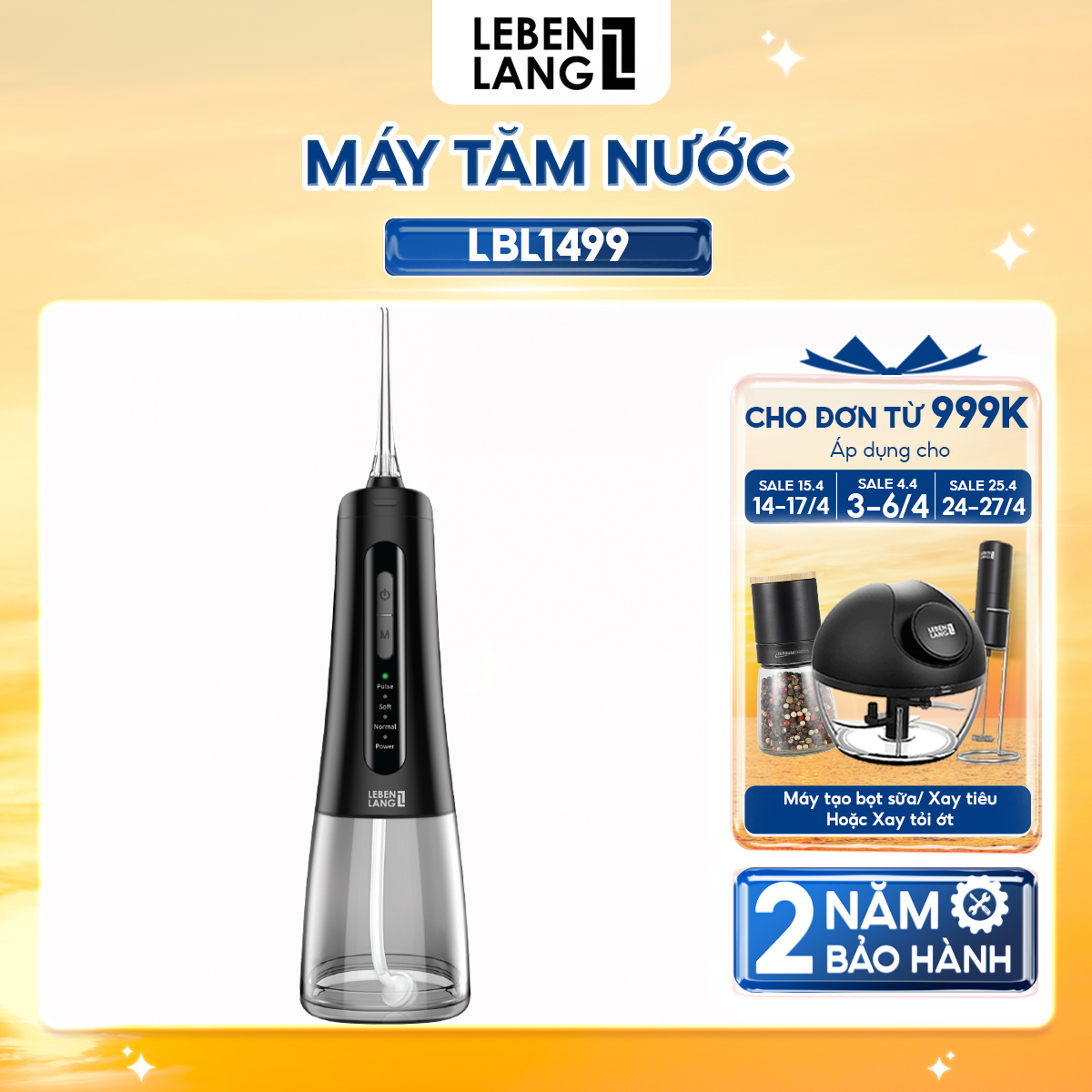 Máy tăm nước Lebenlang cầm tay LBT1499, IPX7 chống thấm nước 2000mah, 300ml, tích hợp pin, bảo hành 2 năm - chính hãng