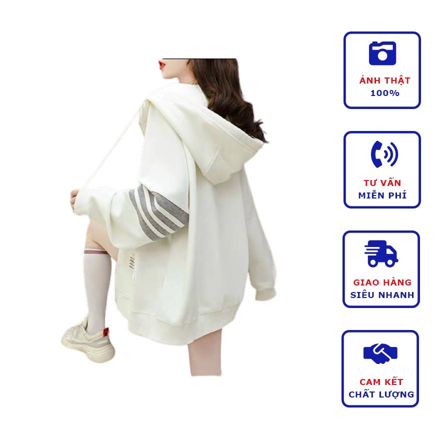 Áo Khoác Cardigan Nữ Phối Sọc Cánh Tay Form Unisex Chất Liệu Nỉ Bông Dày Dặn Có Nón Chống Nắng, Chống Gió Siêu Hot