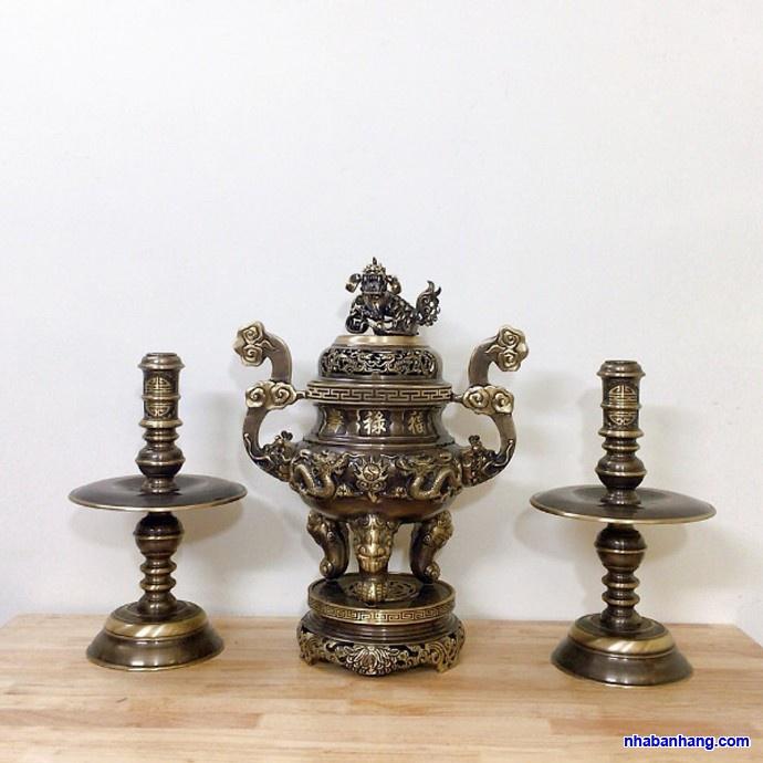 Bộ Thờ Đồng Tam Sự Đỉnh Nến song long chầu nguyệt 2 công nghệ cao 45cm hàng đúc thủ công, đồng nguyên chất