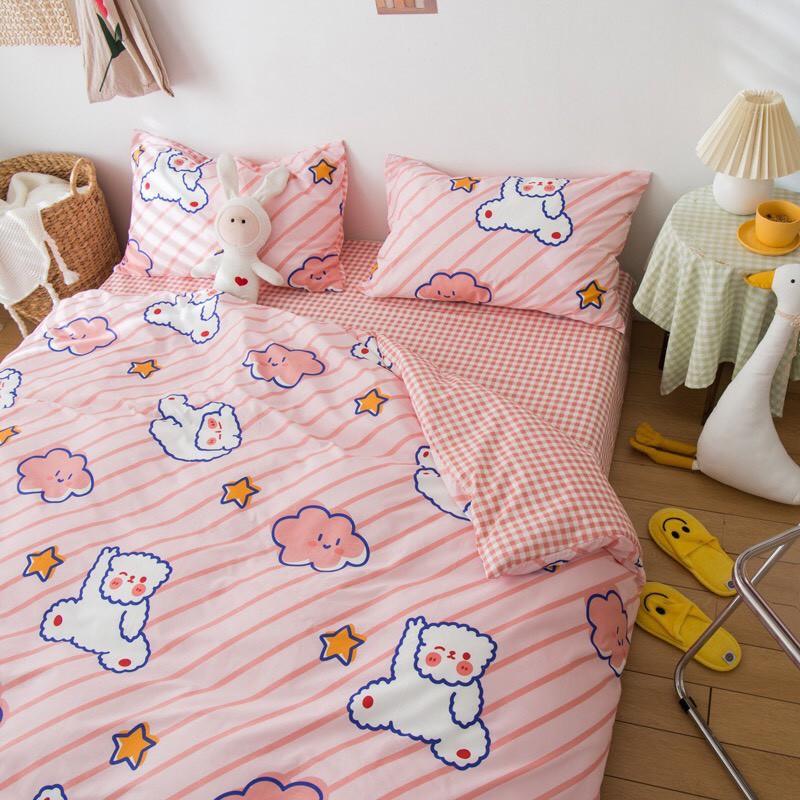 Bộ vỏ chăn ga gối Cotton Poly M2T bedding gấu hồng phối sọc, vỏ chăn mền, drap giường và 2 vỏ gối