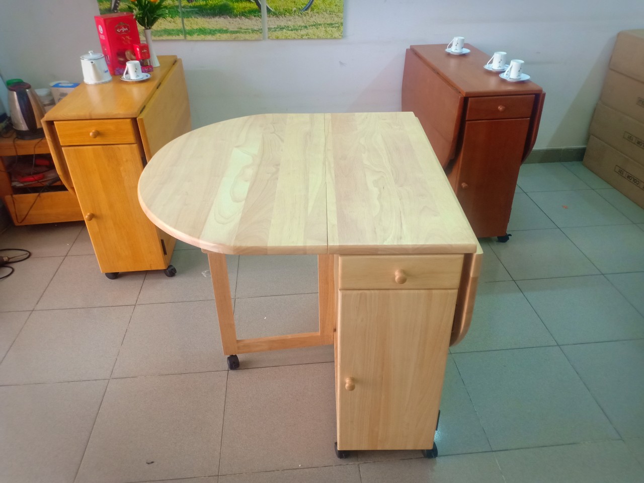 Bộ bàn ăn 4 ghế xếp gọn gỗ cao su màu tự nhiên Hi Furniture