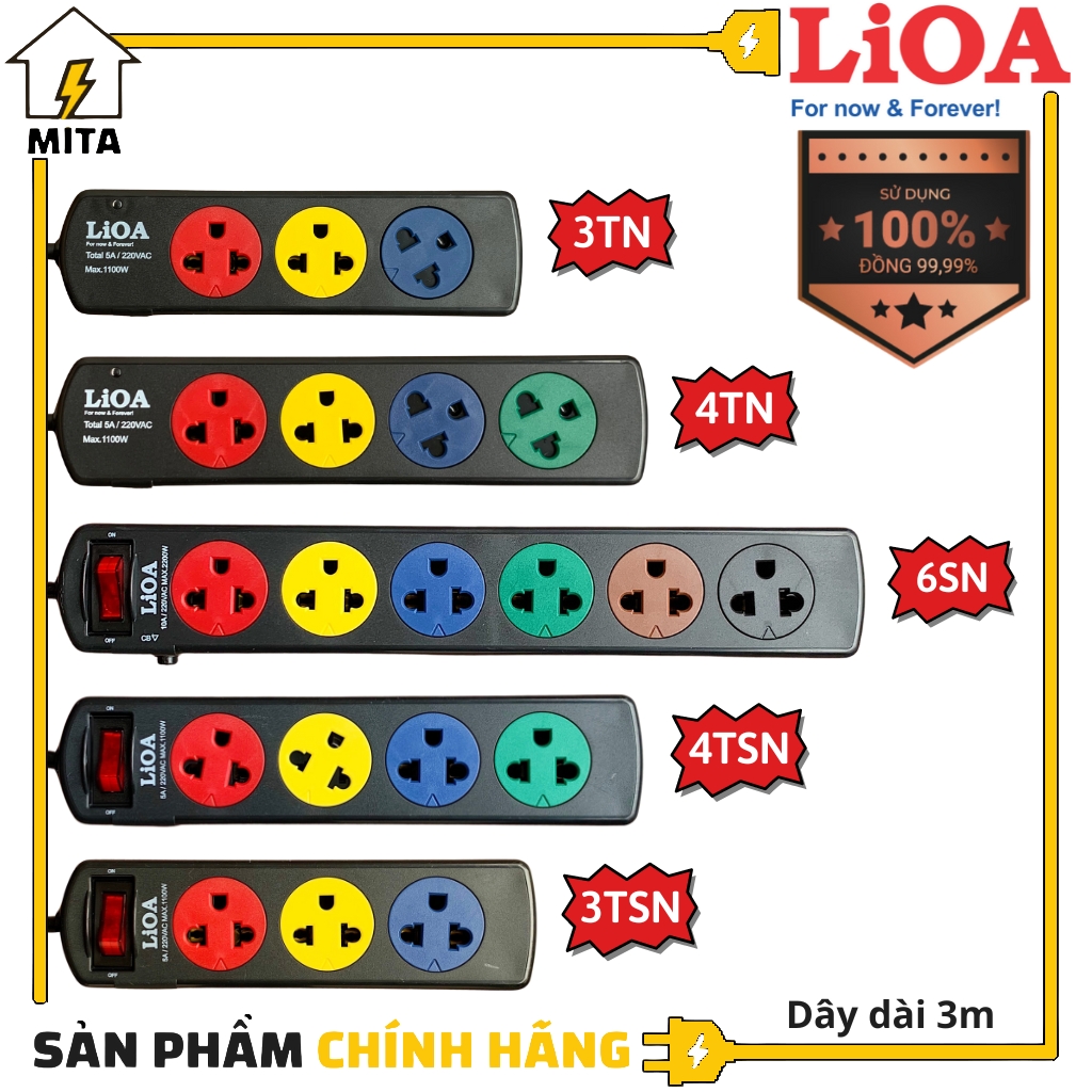 Ổ Cắm Điện Lioa Phổ Thông - Ô Căm Điên 3 Lô - 4 Lô - 5 Lô - 6 Lô - Dai 3M - Mita - Ổ Cắm Có Công Tắc 6Sn 3M New