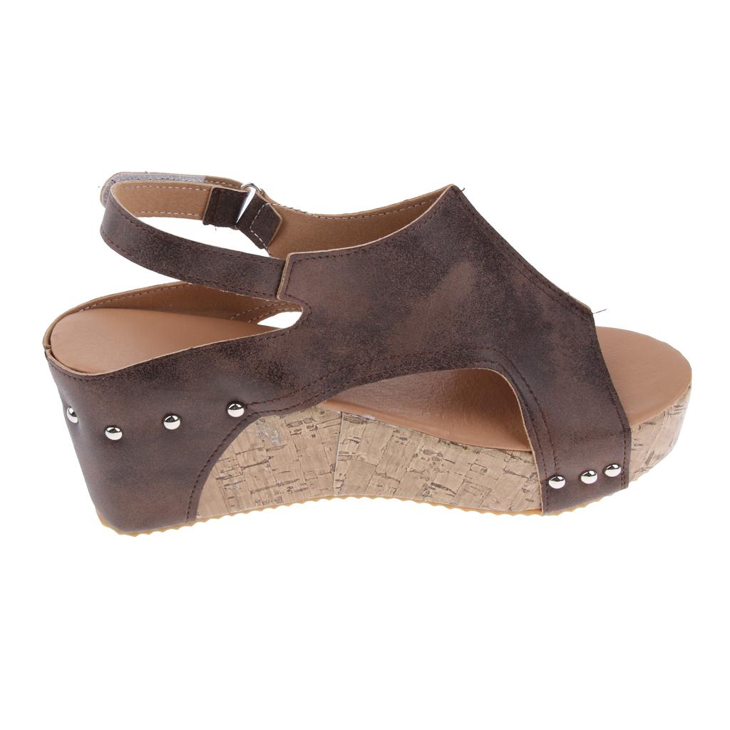 Retro Studded Cork Platform Wedge Sandal Leather Upper Open Toe for Women