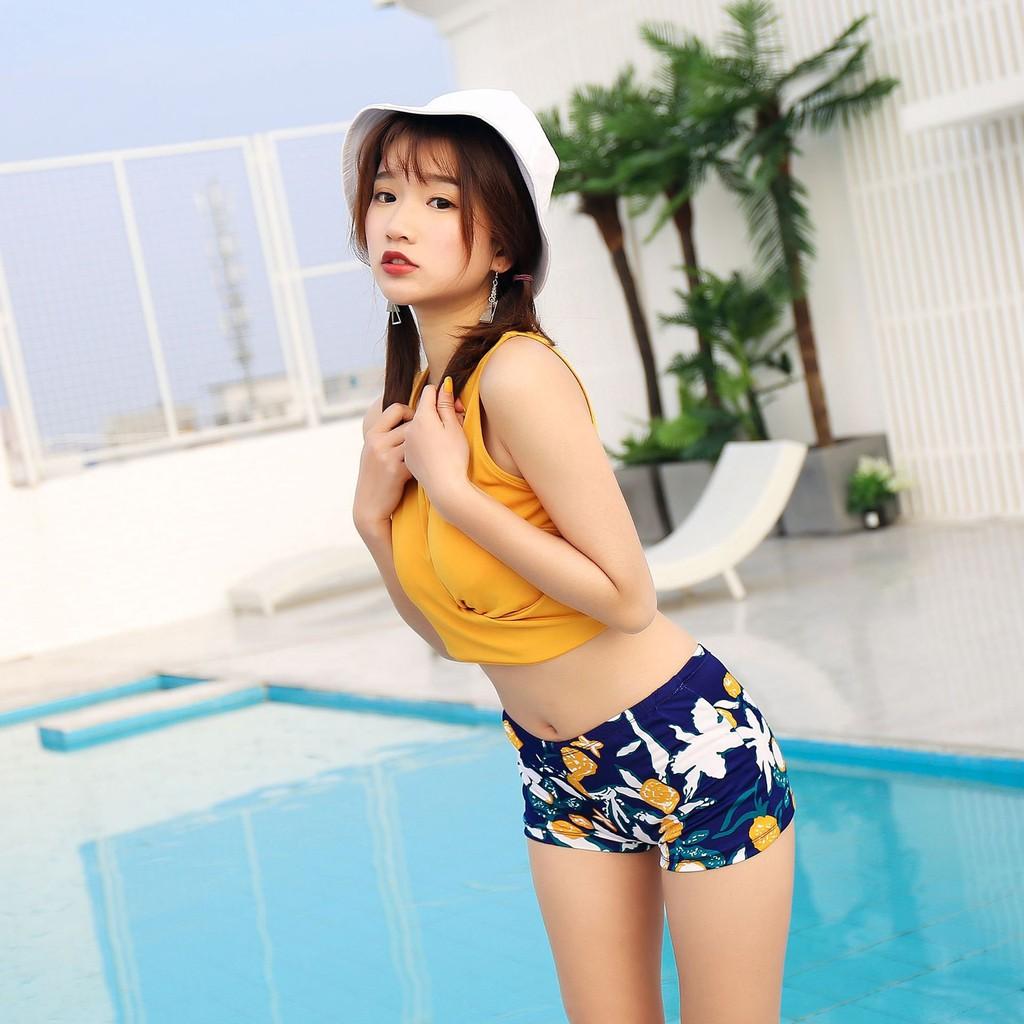 Bộ đồ bơi 3 mảnh màu vàng dáng Hàn Quốc 2019 (áo + quần + váy)
