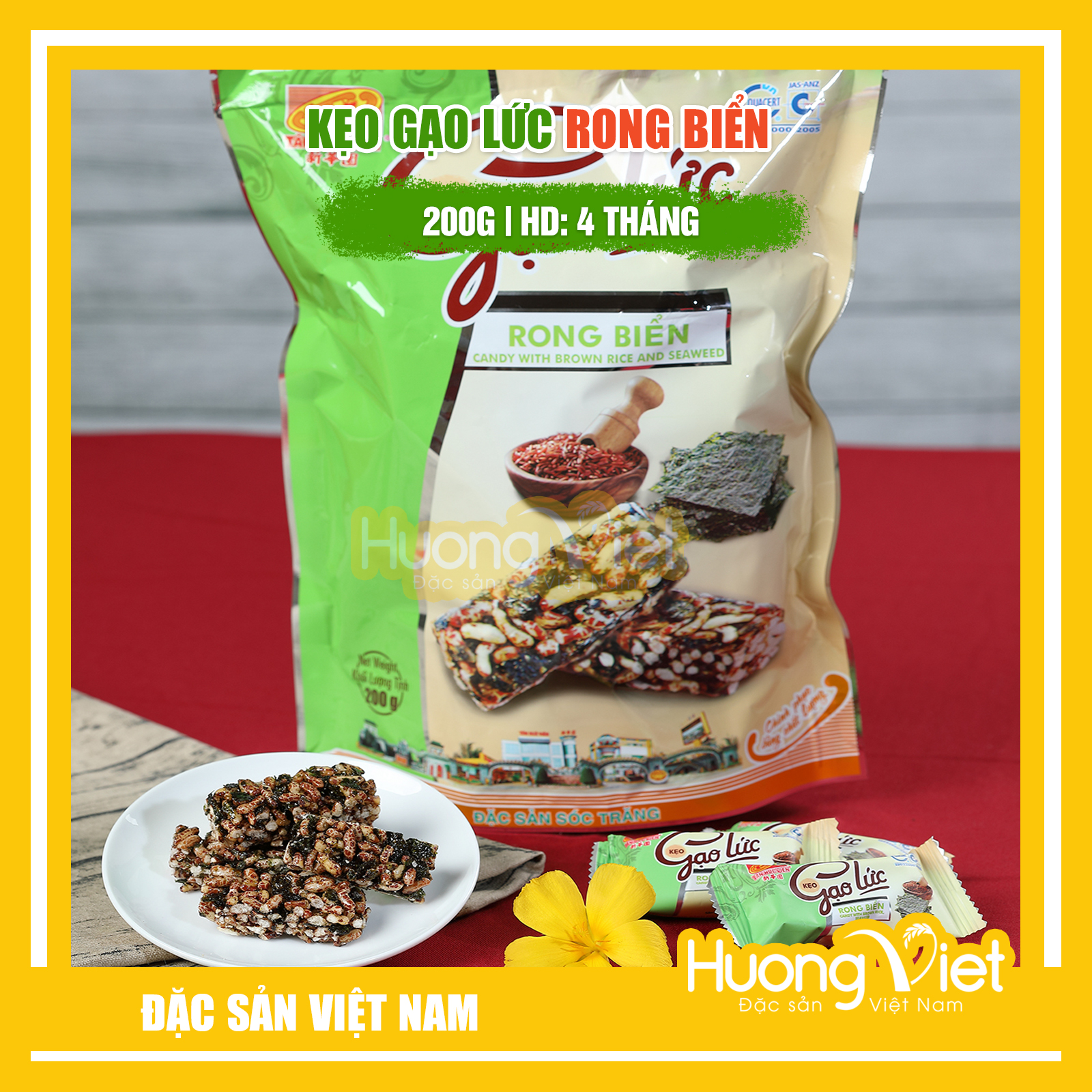 Đặc Sản Sóc Trăng - Kẹo Gạo Lức Rong Biển Giòn Tan Tân Huê Viên 200G, Kẹo Gạo Lứt Sóc Trăng, Thanh Gạo Lức Rong Biển