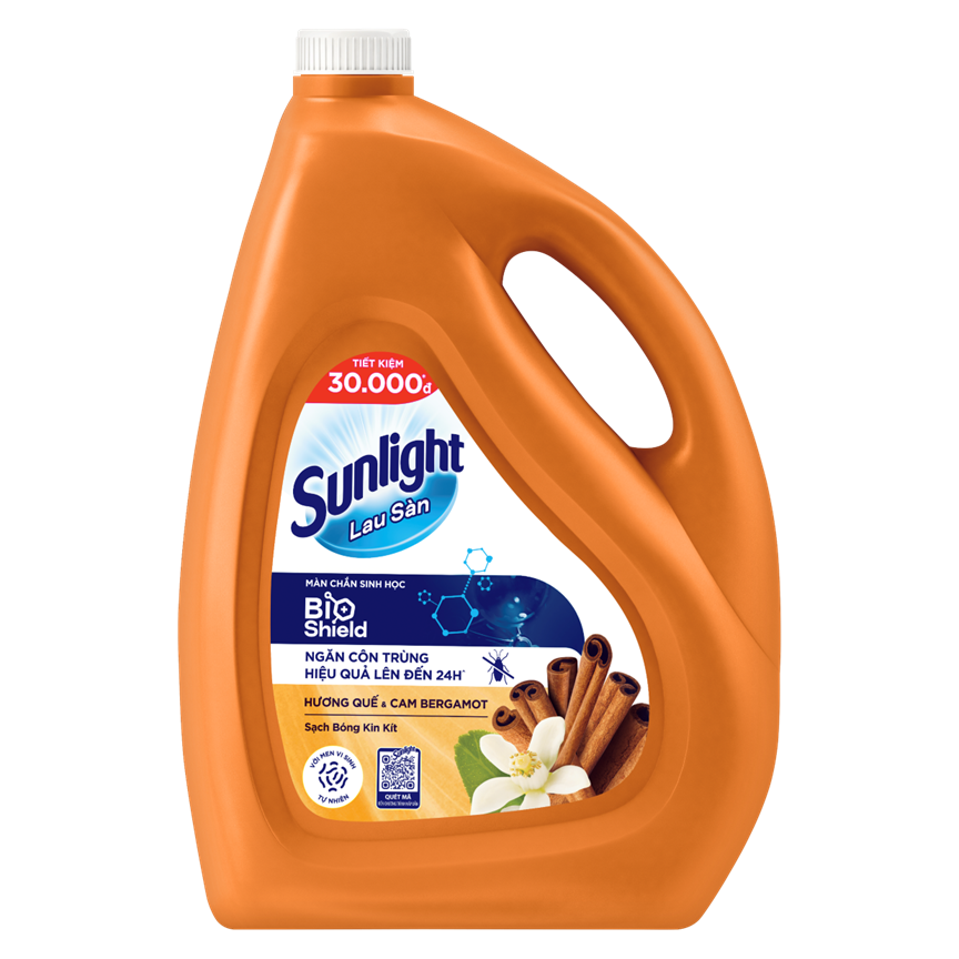 Nước Lau Sàn Sunlight BIOSHIELD Ngăn Côn Trùng Hiệu Quả Hương Quế &amp; Cam Bergamot Chai 3.6KG