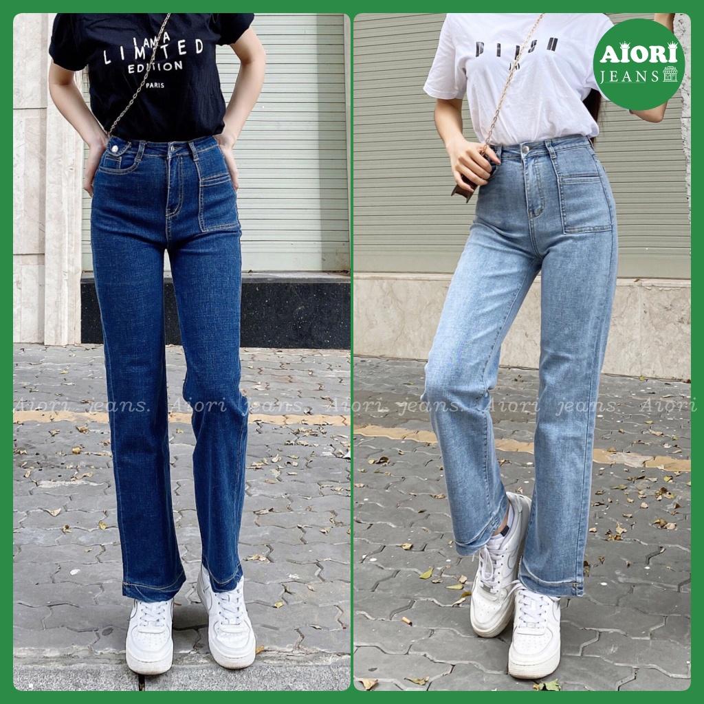 Quần Jeans Nữ AIORI Ống Suông Đứng Nắp Túi Dáng dài chất bò jean cao cấp co giãn mềm mịn thời trang 4 mùa Mã E002 - Xanh Đậm, Xanh Đậm