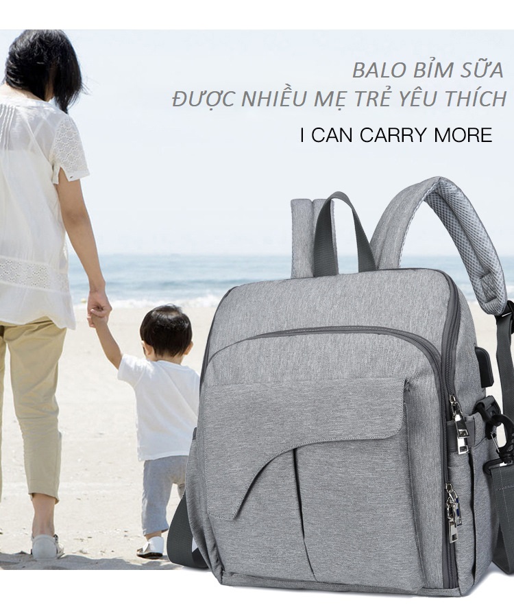 Balo Bỉm Sữa Có Đai Giữ Em Bé có Cổng USB