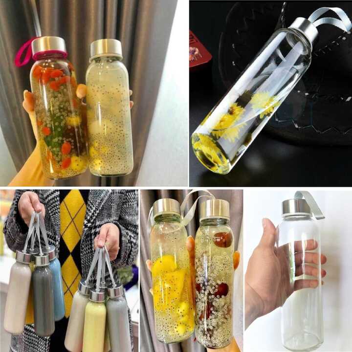 Bình Thủy Tinh Đựng Nước 500ml - Nắp thiếc vặn có dây treo - Chai đựng trà sữa, nước ép, sữa tươi, sinh tố, café, trà thảo mộc