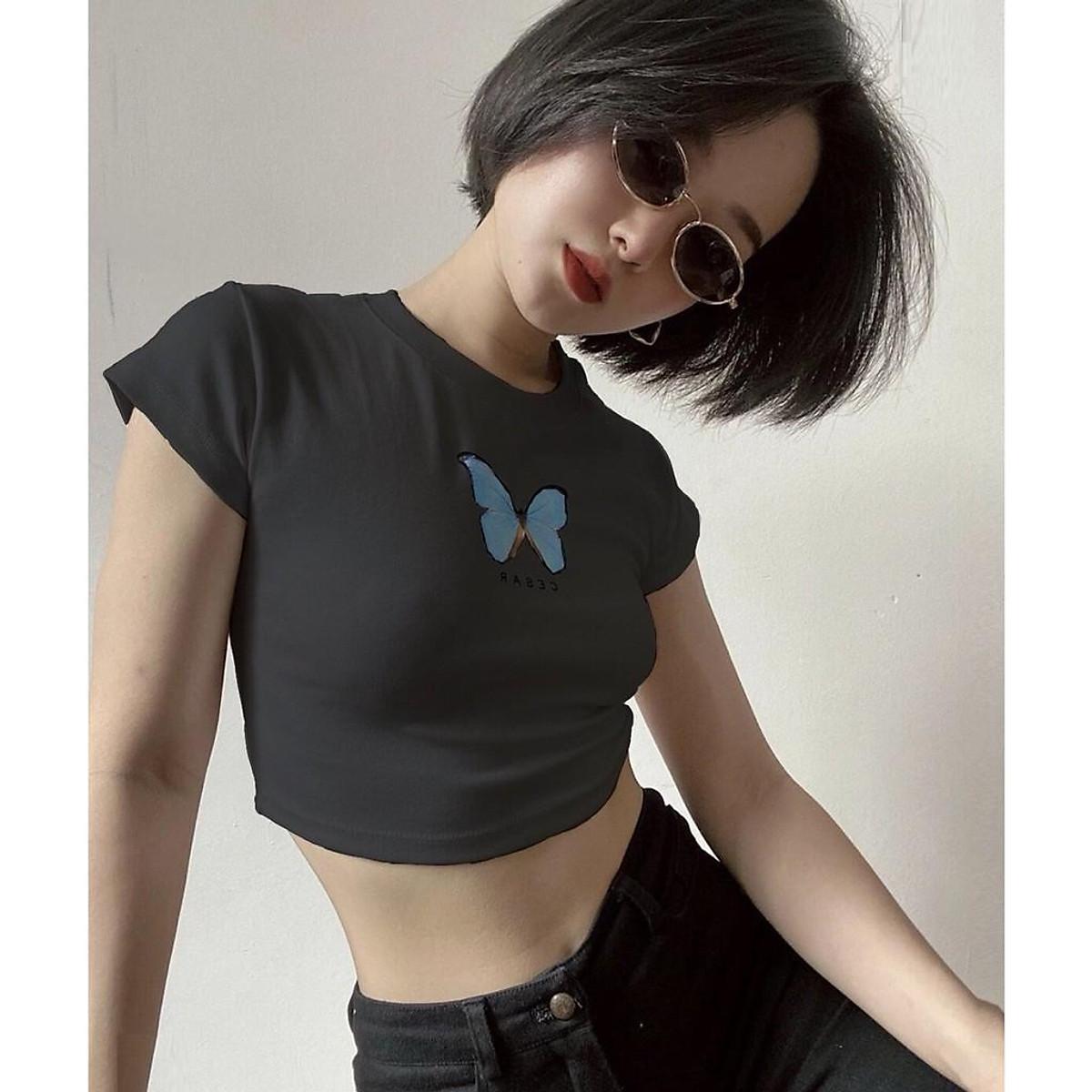 ÁO CROPTOP THUN NGẮN - ÁO KIỂU CRT NGẮN TAY CỔ TRÒN IN BƯỚM