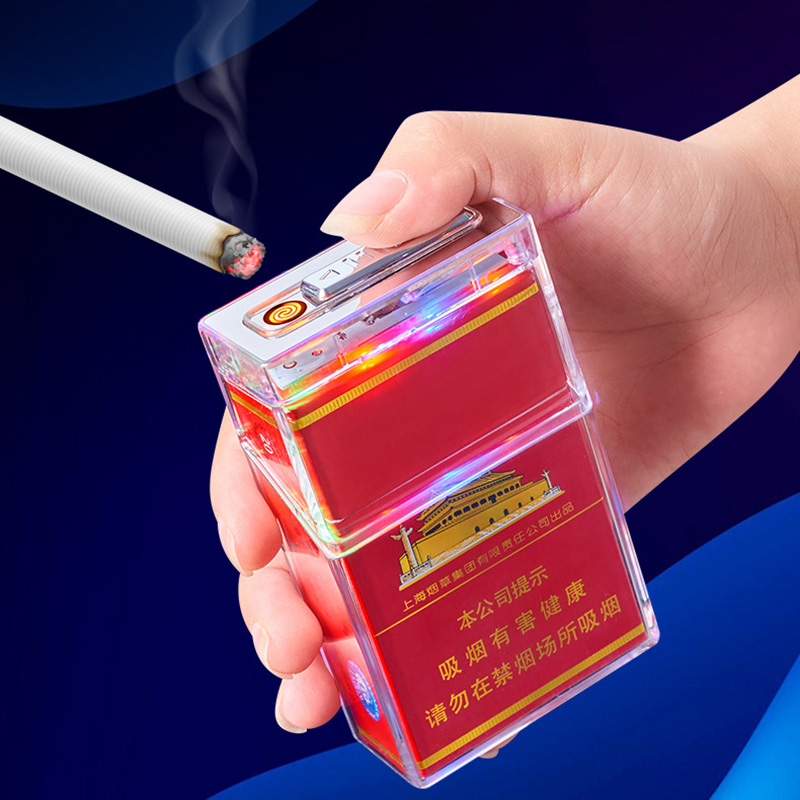 Bật Lửa Điện Kiêm Hộp Đựng Thuốc 20 Điếu Trong Suốt Nhiều Màu Có Đèn - Sạc Điện