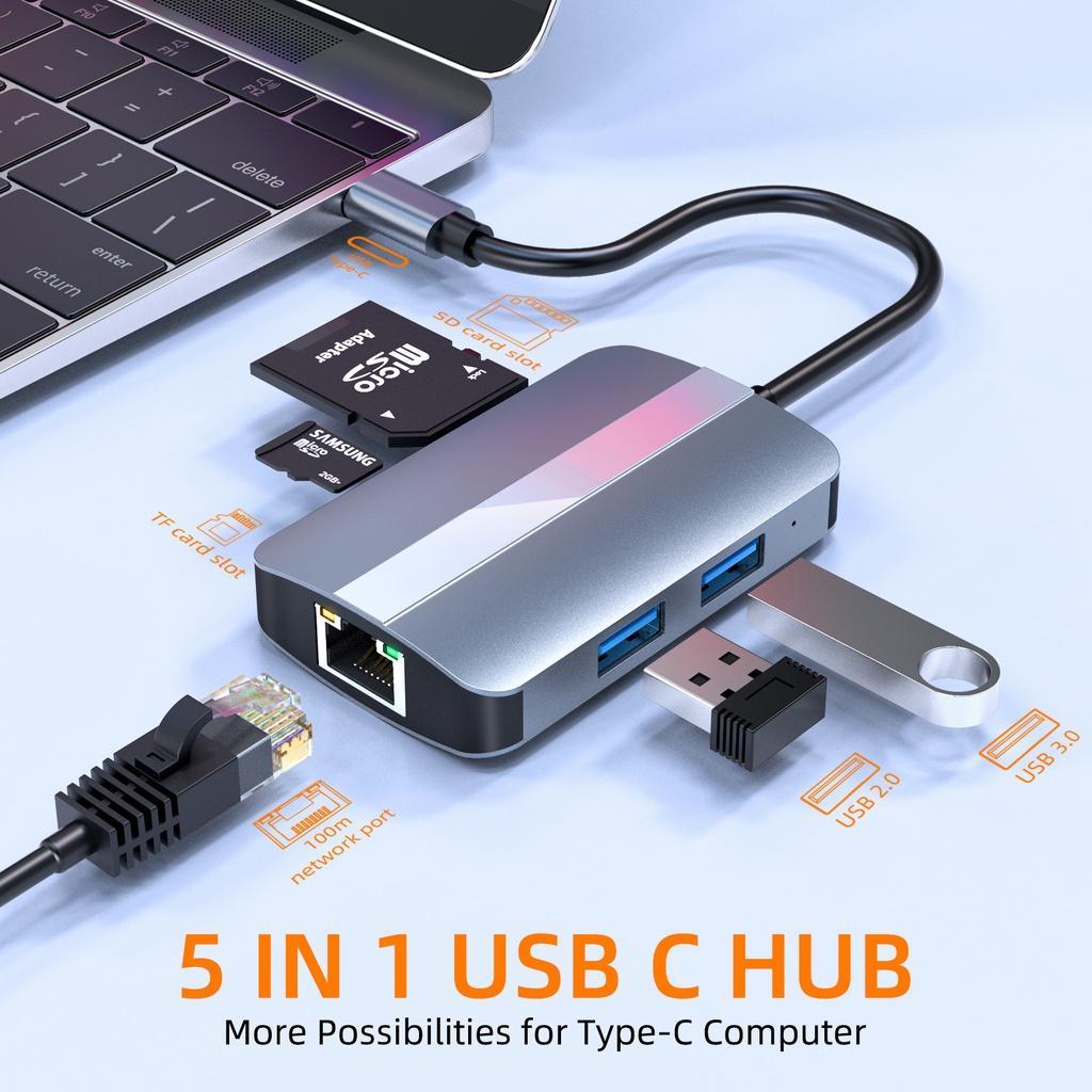 Hub Chuyển Đổi USB C Hub 5 Trong 1 Type C Sang RJ45 100MB / S Đầu Đọc Thẻ TF SD Type-C Chất Lượng Cao