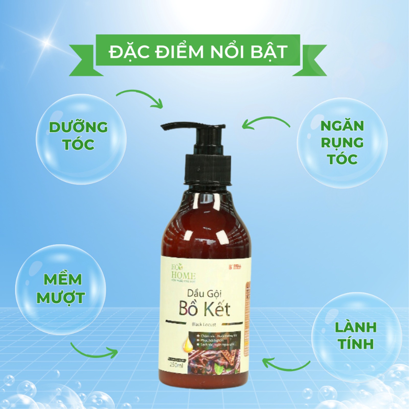 Dầu Gội Đầu Chiết Xuất Bồ Kết Công Nghệ Sinh Học ECOHOME 250ml Giúp Tóc Dưỡng Ẩm Mượt Mà Hương Thơm Lâu