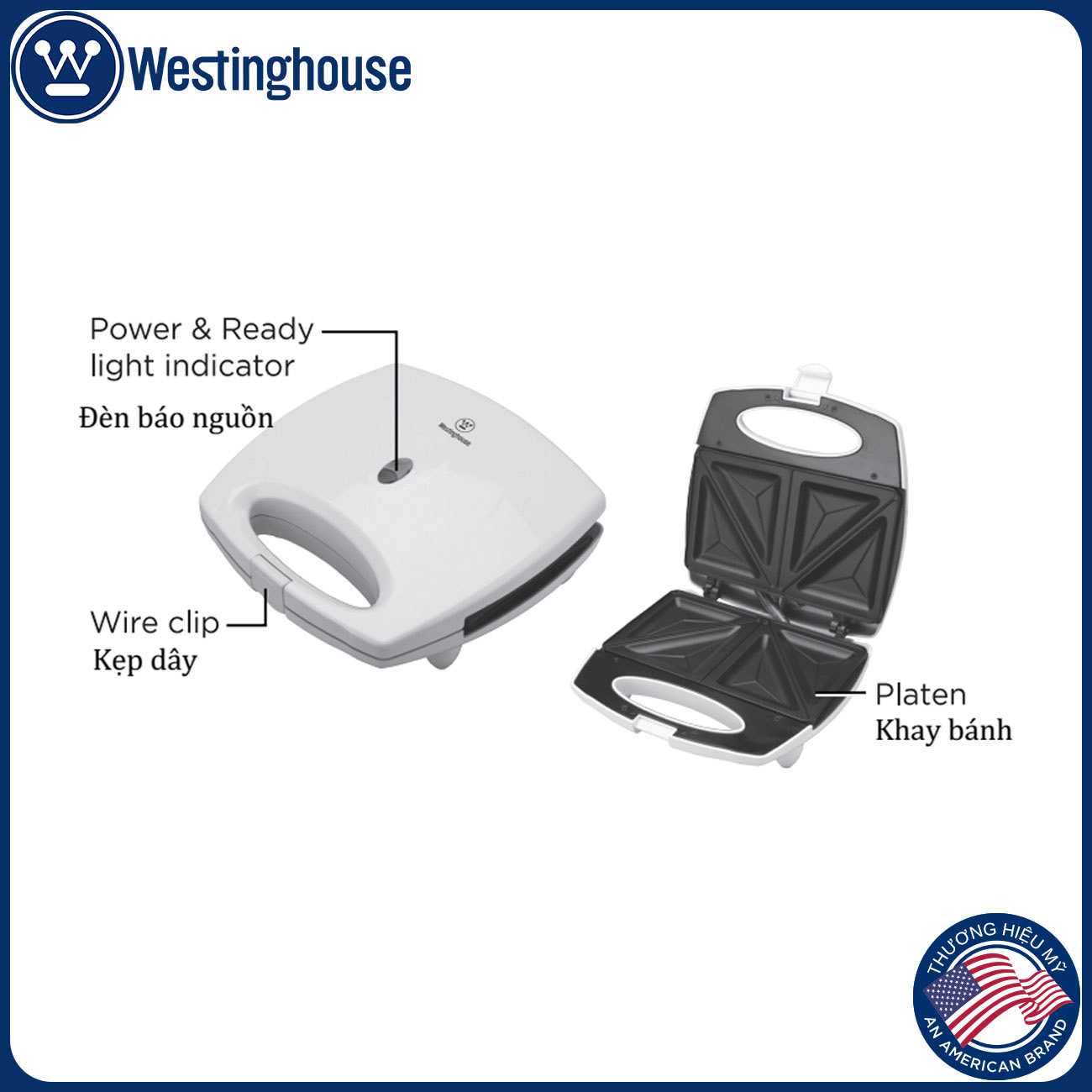 Máy kẹp nướng bánh mì Sandwich WestingHouse WKSM026 750W nướng nhanh chín đều, chống dính, có 2 ngăn nướng - Hàng chính hãng Mỹ