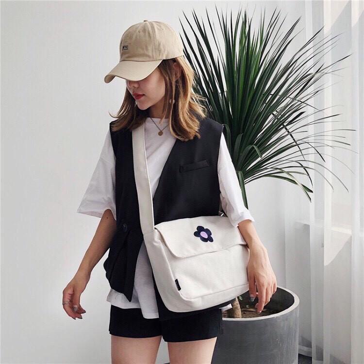 Túi vải đeo chéo BÔNG HOA chất vải Canvas dáng Unisex 2 màu ĐỰNG VỪA KHỔ A4