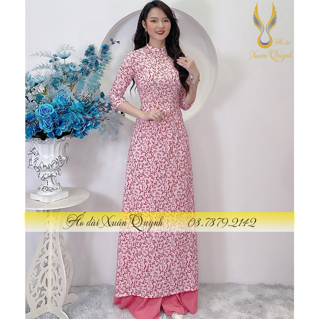 Áo Dài Hoa Nhí Hồng Trẻ Trung, Thanh Lịch, Duyên Dáng Lụa Habutai Cao Cấp K62