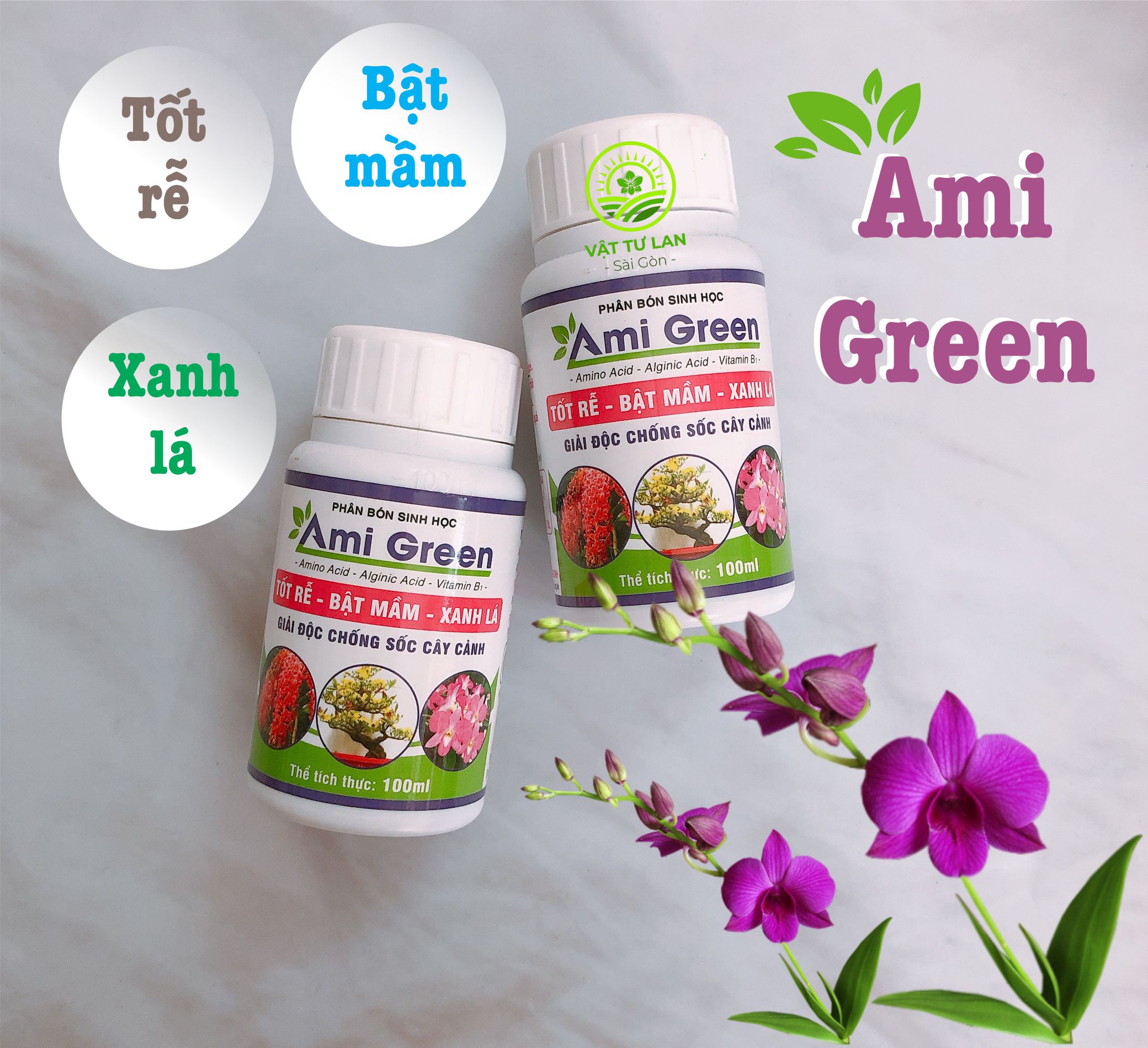 Phân bón sinh học AMIGREEN Kích rễ, kích mầm, giải độc cây - Chai 100ml - Ami Green Tốt rễ, bật mầm, xanh lá cây trồng