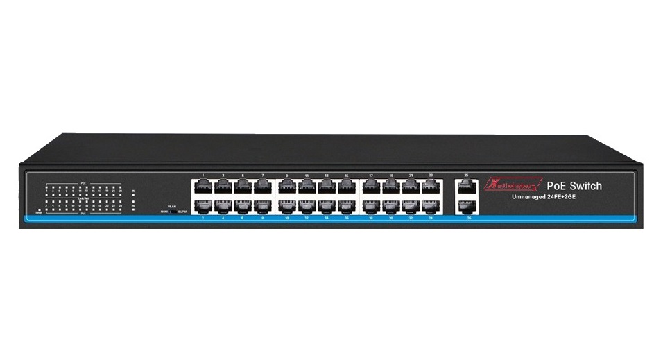Bộ chuyển mạch 26 port unmanaged Ethernet switch, 24 port Fast Ethernet PoE, 2 SFP, 300W power supply - Xmethod Network - Hàng chính hãng