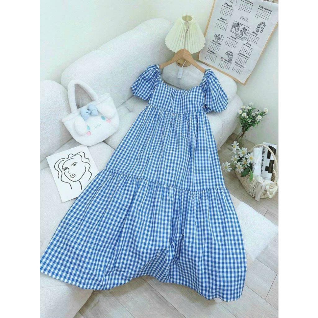 Đầm Maxi Cổ Vuông Tay Phồng / Váy Suông Dài Kẻ Caro Tiểu Thư MX020 Màu HotTrend Cun Fashion