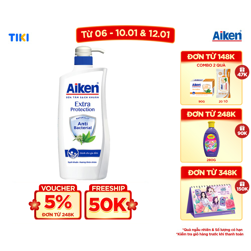 Sữa Tắm Sạch Khuẩn Aiken Chiết Xuất Trà Xanh Thiên Nhiên 850g