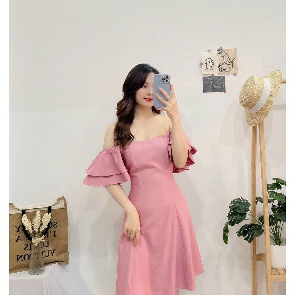 ĐẦM ĐI TIỆC, DẠO PHỐI MẶC ĐƯỢC 2 KIỂU CỔ VUÔNG VÀ TRỄ VAI - Hồng