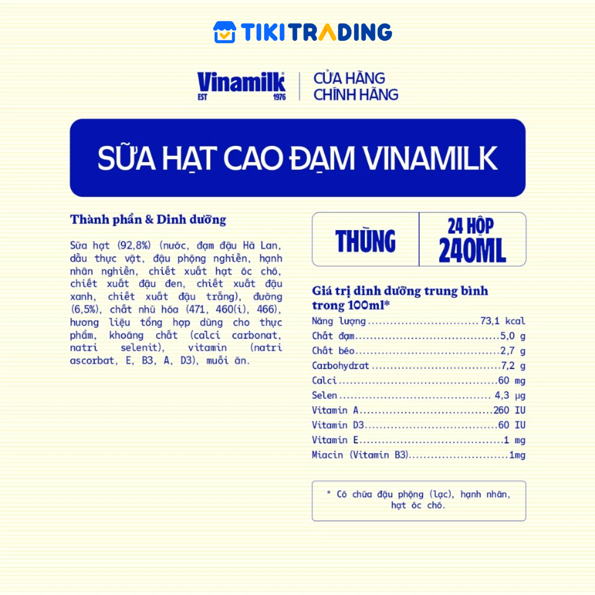 Thùng 24 hộp sữa hạt cao đạm ít đường Vinamilk 240ml