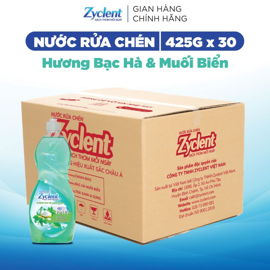 Thùng Nước Rửa Chén Zyclent EXTRA Hương Bạc Hà &amp; Muối Biển - (425G x 30 chai)