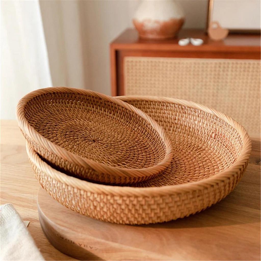 Khay mây, đĩa mây tròn đựng đồ ăn khô, hoa quả, bánh mì, trang trí home decor Bemiao