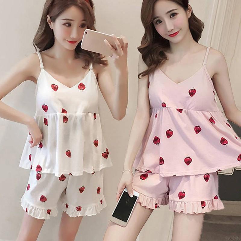 Bộ đồ ngủ áo dây cổ chữ V hinh dâu tây + quần short cho nữ