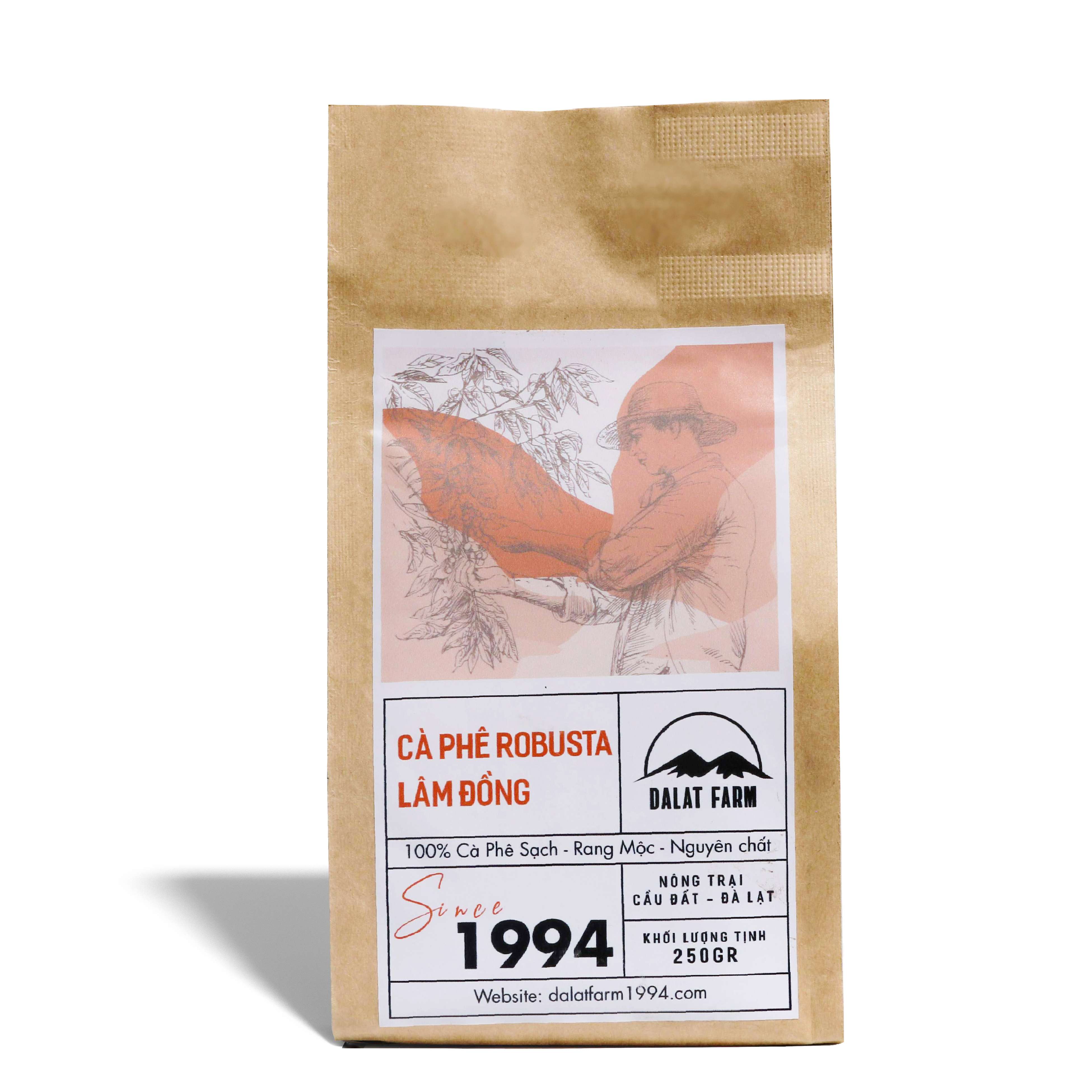 Cà phê Robusta Lâm Đồng rang mộc sạch nguyên chất - Túi 250Gr (Dạng Bột)