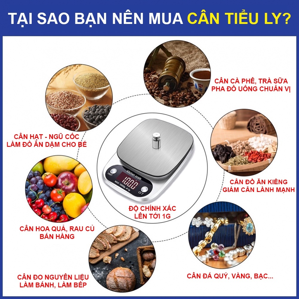 Cân Tiểu Ly Điện Tử Nhà Bếp Mini Định Lượng 1g - 10kg, Cân Tiểu Li Làm Bánh Độ Chính Xác Cao