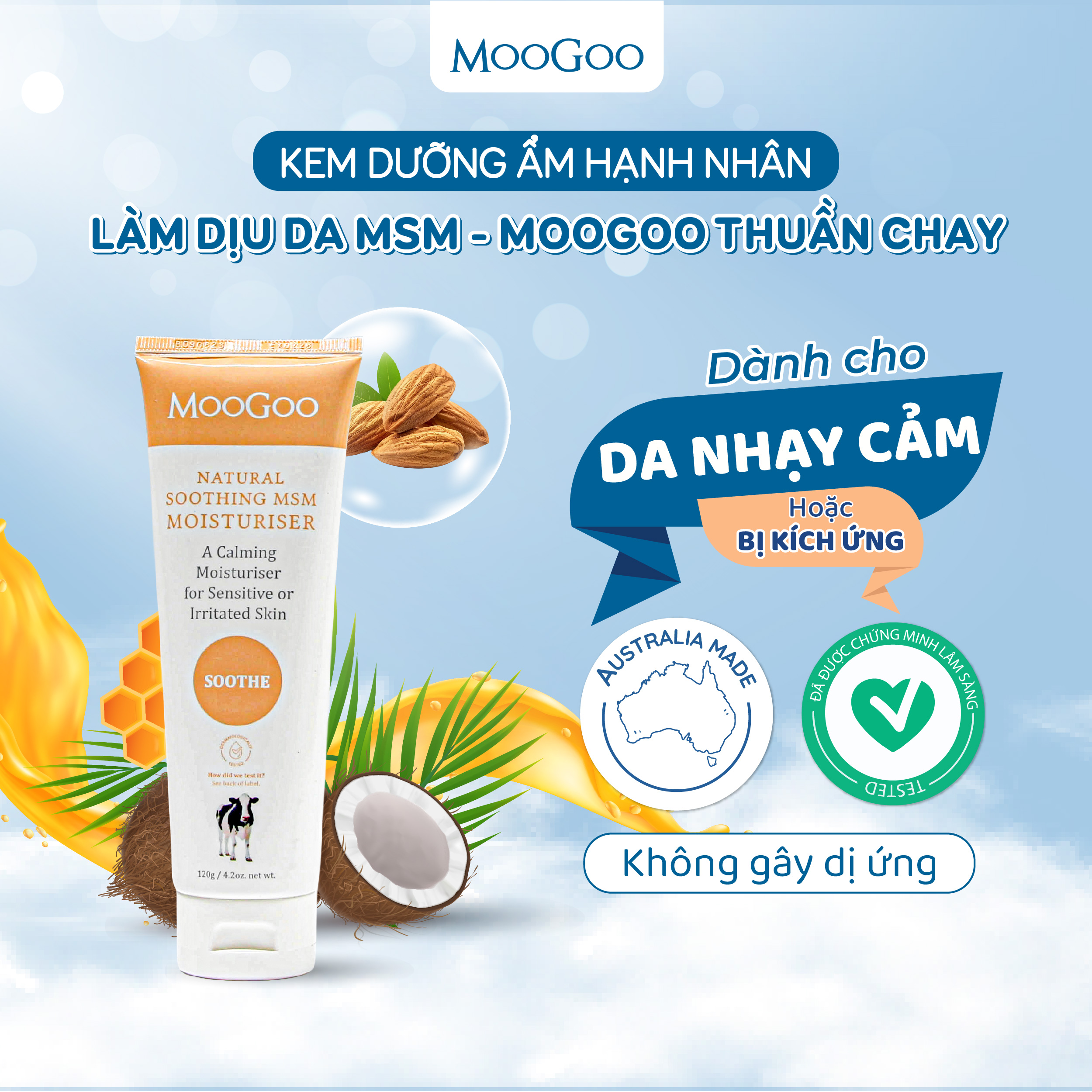 Kem dưỡng ẩm hạnh nhân hỗ trợ tái tạo phục hồi da cho bé Nhạy cảm, Viêm da cơ địa, Chàm sữa, vảy nến Moogoo