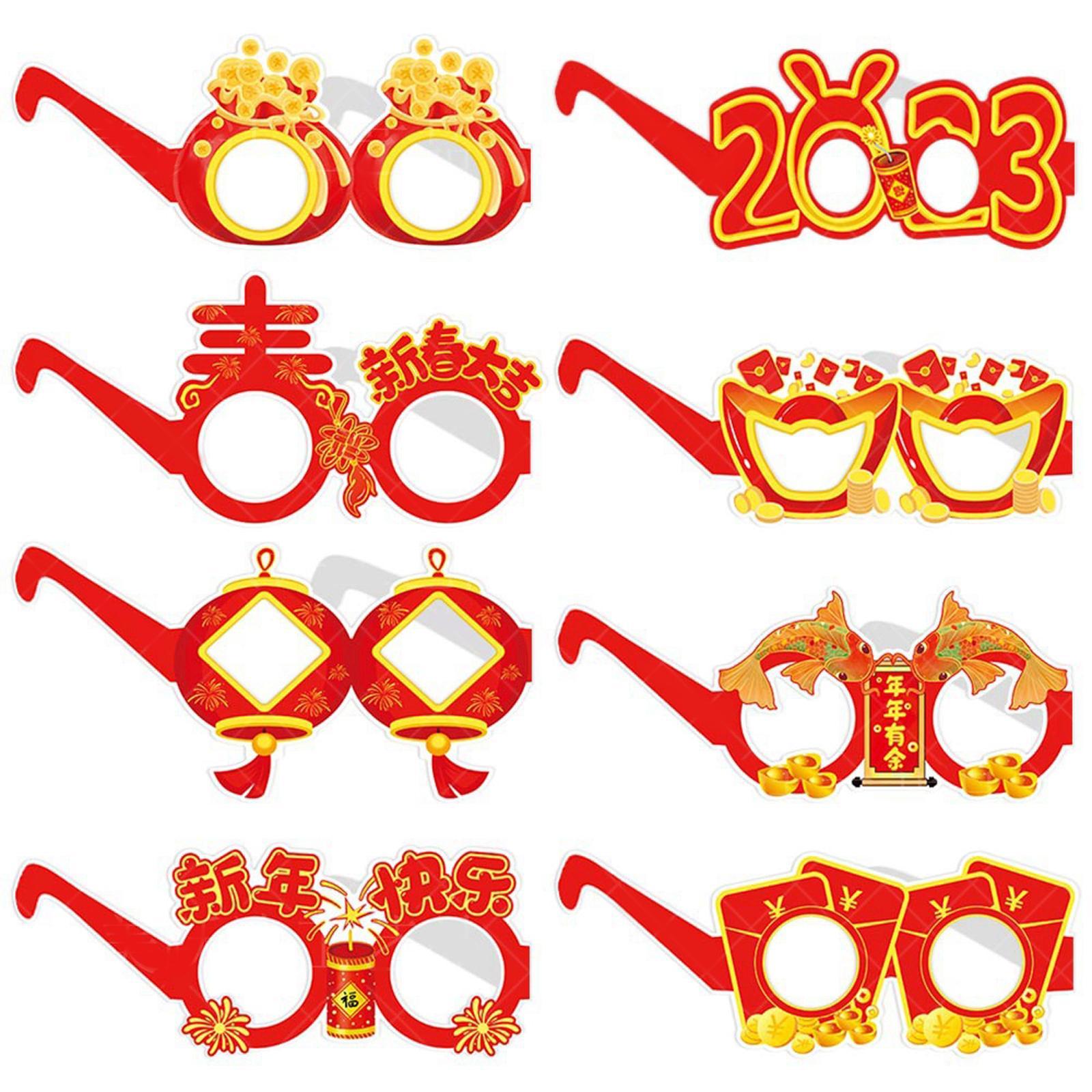 8x Cute New Year Photo Glasses Booth Props Frame Paper Prop Party Adults Kids Accessories