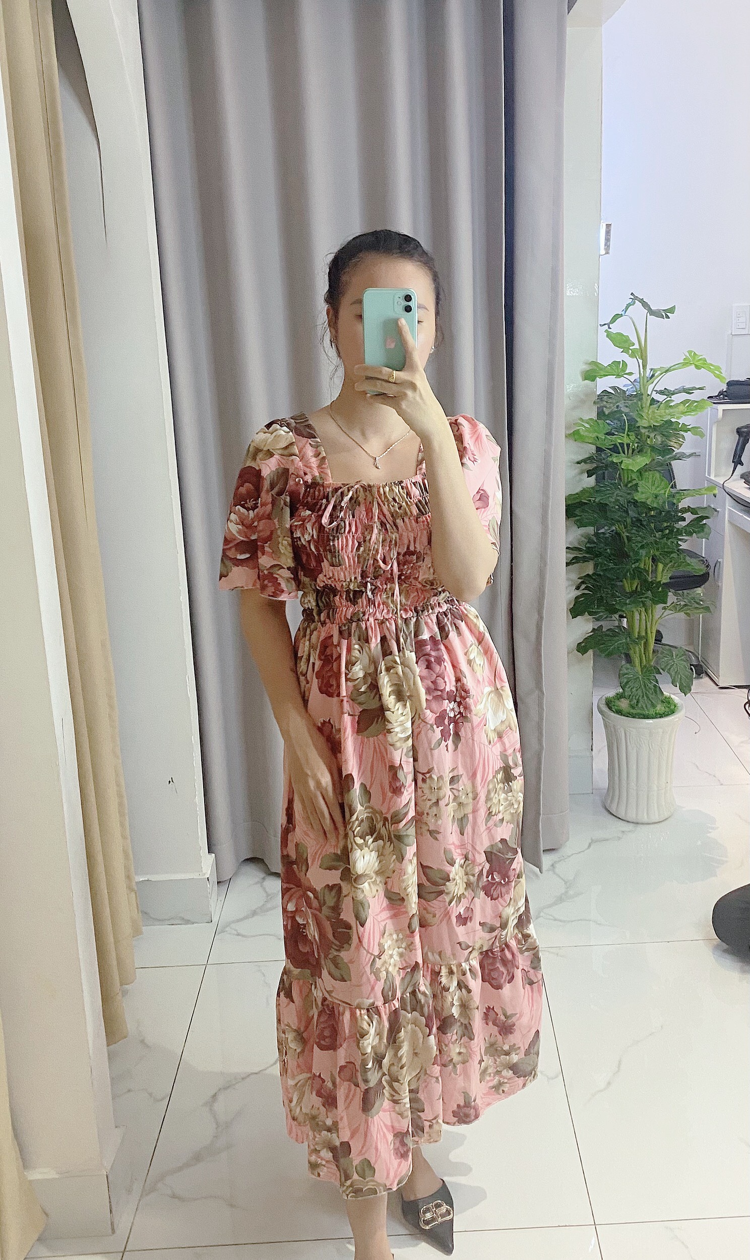 Váy nữ thời trang tiểu thư tiệc cưới, váy maxi hoa cổ vuông cánh tiên chất lụa bao mát,không nhăn V012