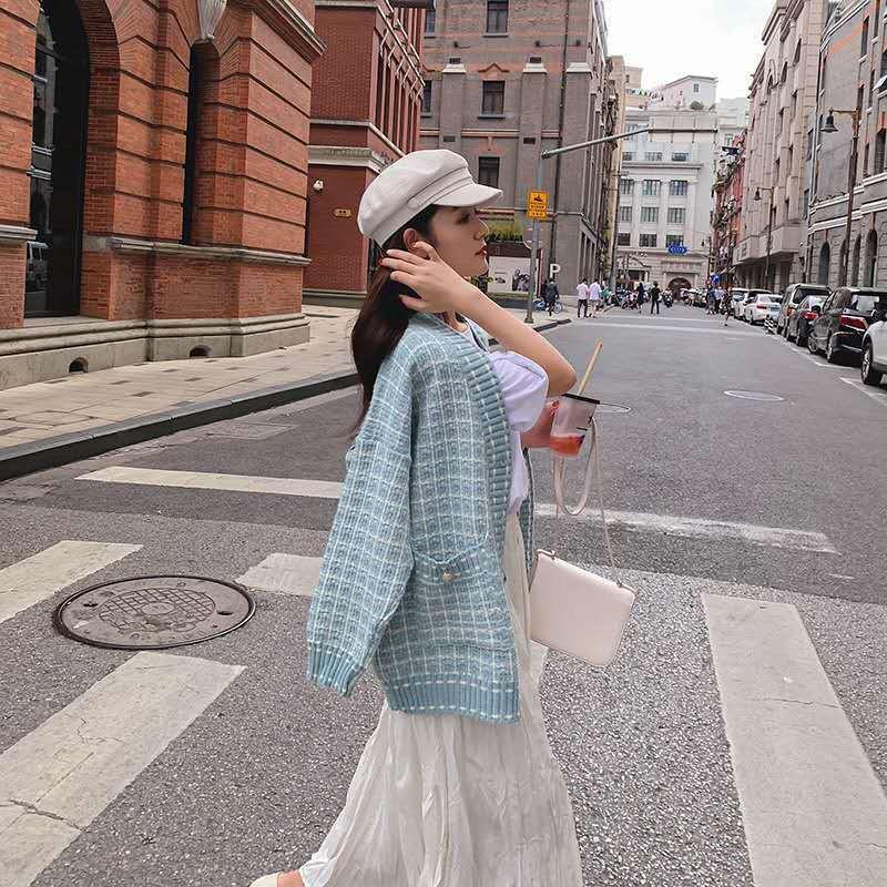 Hàng Sẵn_Áo khoác len dệt kim sọc ca rô áo len phong cách retro Hồng Kong