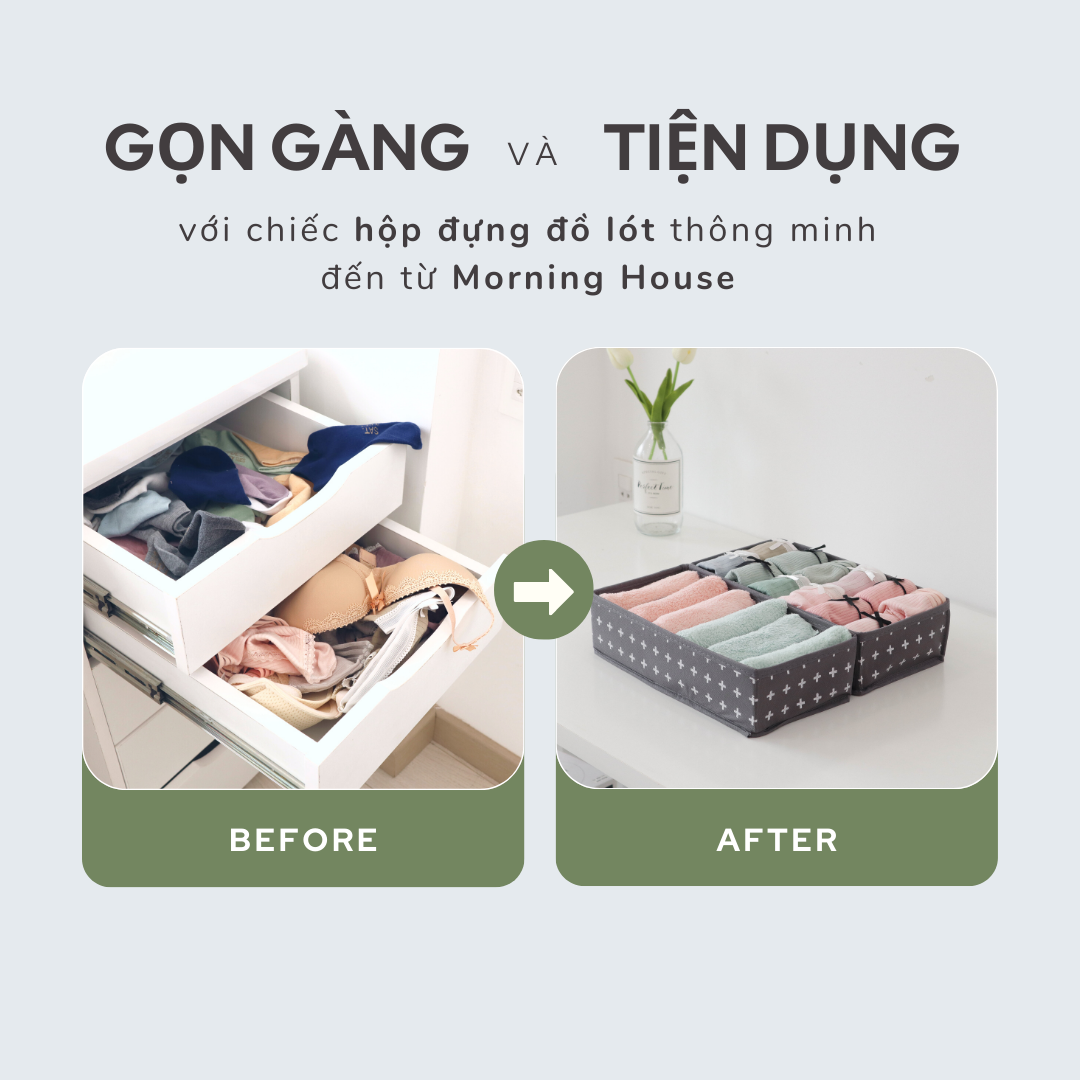 Hộp Đựng Đồ Lót Gấp Gọn 6 Ngăn Morning House- Form Vải Đứng, Gấp Gọn Dễ Dàng, Sắp Xếp Các Loại Tất, Đồ Lót Rất Gọn