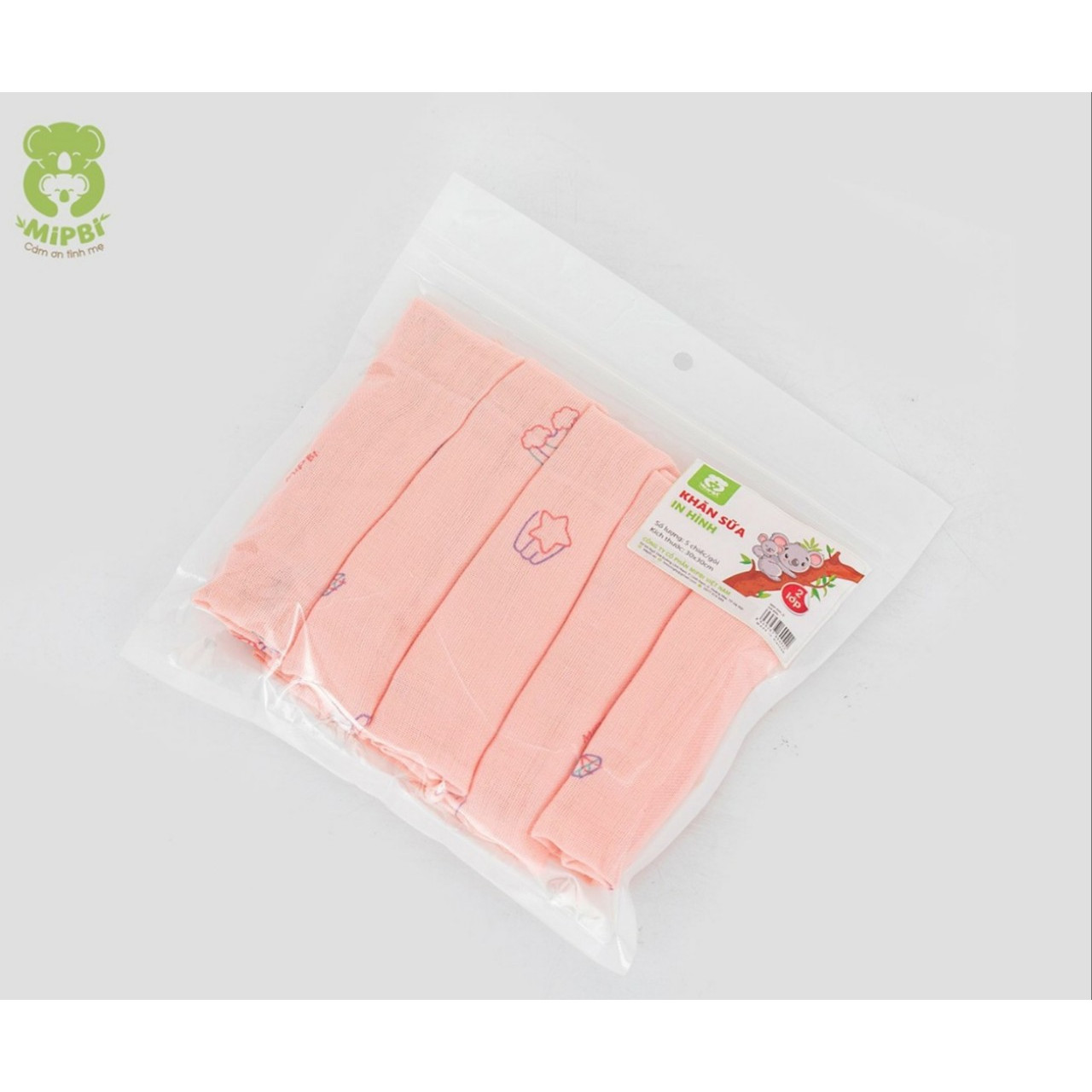 Túi 5 khăn sữa 2 lớp in hình Mipbi 100% COTTON kích thước 30x30cm Khăn xô Khăn mặt Khăn đa năng in hình cho bé