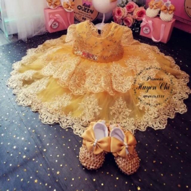 Váy thiết kế chân ren vàng cao cấp 2 tầng