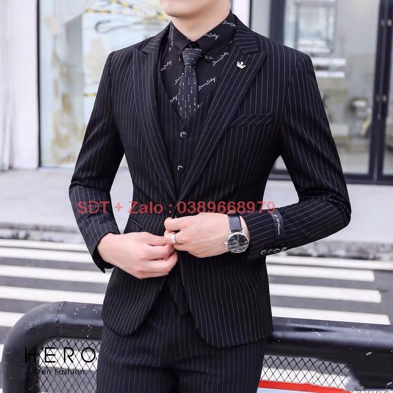 Bộ vest nam cao cấp 6 khuy kẻ sọc đen. Bộ suit nam thanh niên chất vải xịn