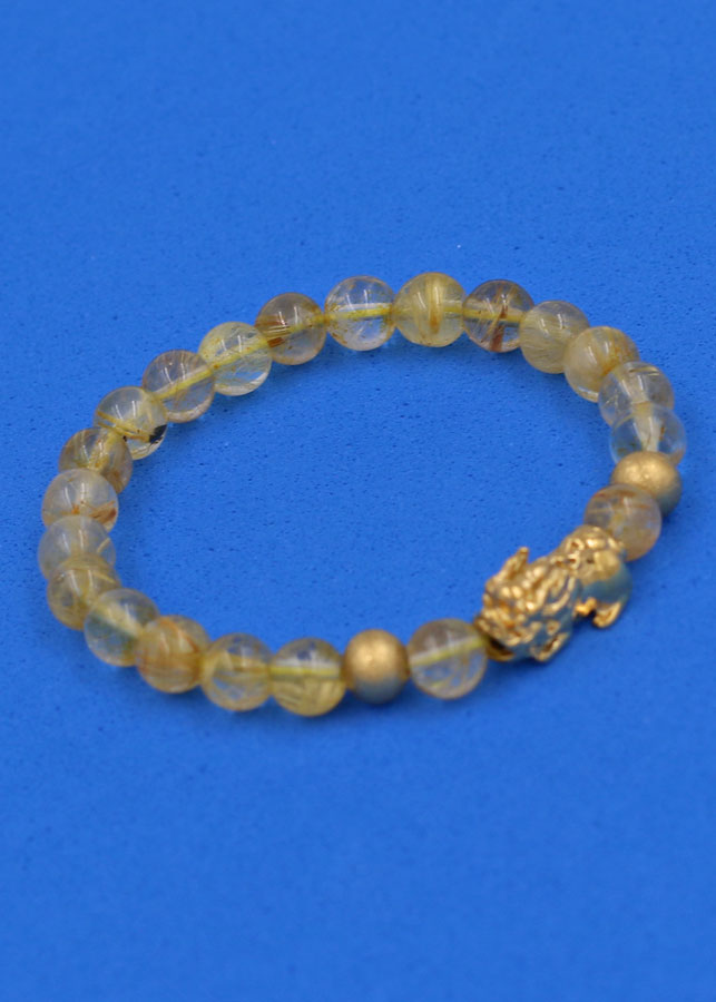 Vòng đeo tay Thạch Anh Tóc vàng 6 ly cẩn Tỳ Hưu inox vàng VTATVTHHBV6 - hợp mệnh Kim, mệnh Thổ