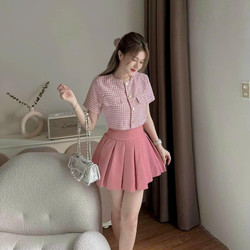 Sét Áo bố caro cài nút kèm Chân Váy xoè xếp ly
