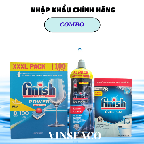 Combo rửa bát Finish Hộp All in one 100 viên, Muối 1.2kg, Nước làm bóng 740ml