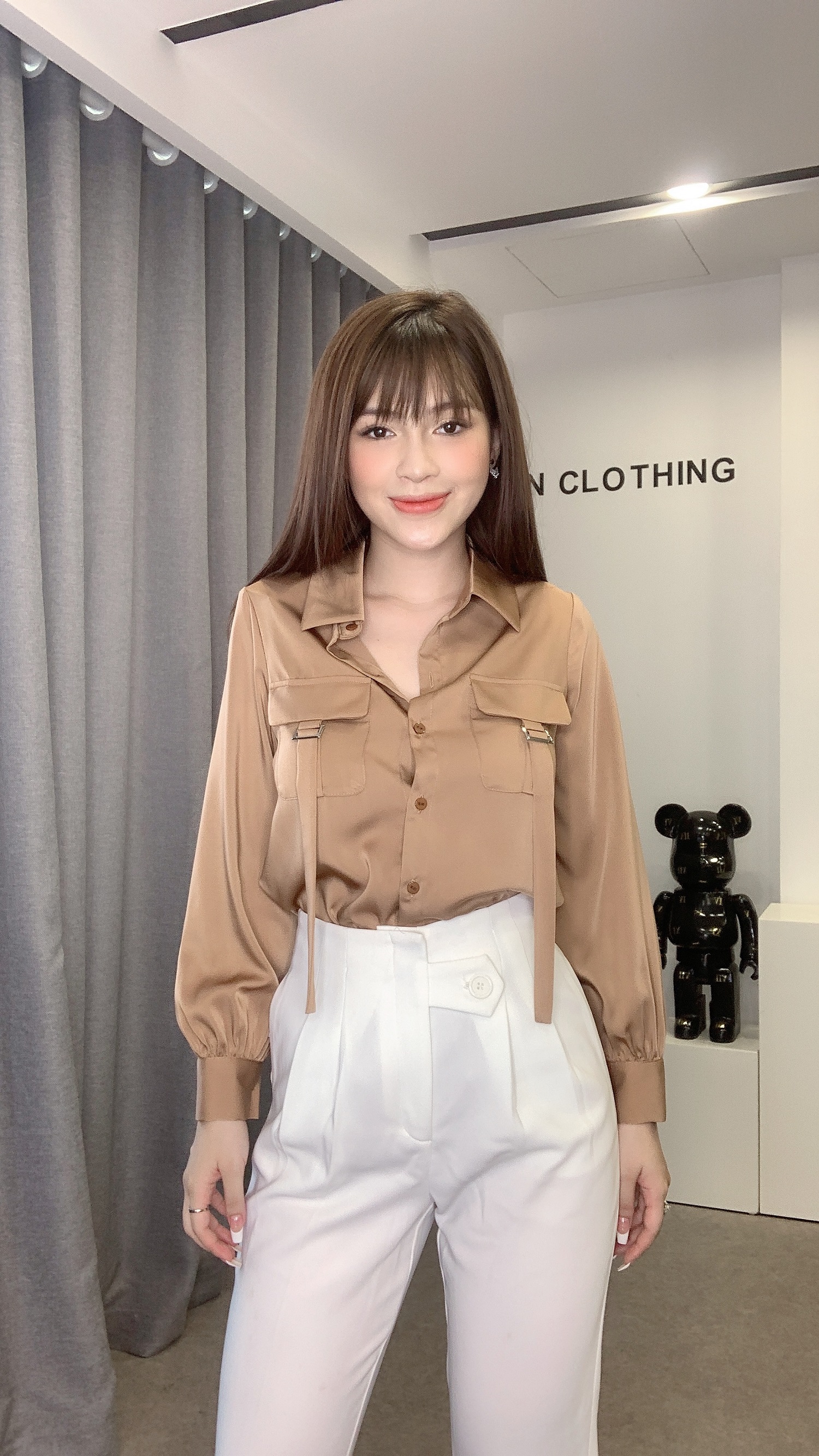 Áo sơ mi nữ dài tay màu nâu mix túi hộp dây kiểu dáng trẻ trung, thanh lịch LINBI SM4506