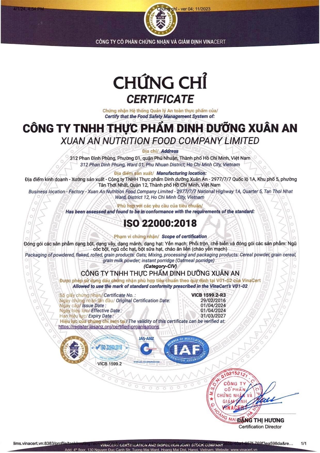 Ngũ Cốc Yến Mạch Xuân An [ít đường] Túi 400G {25g*16 gói}