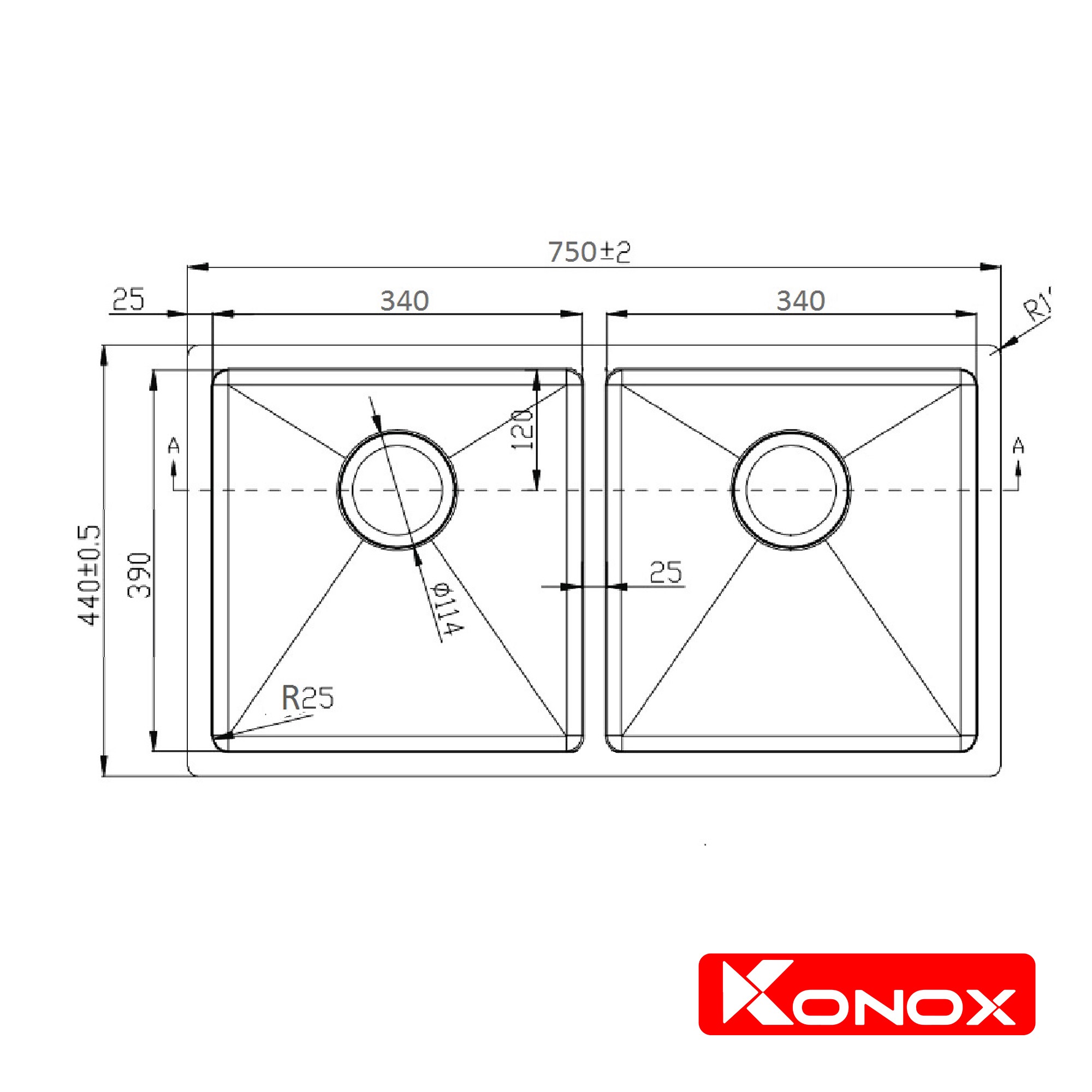 Chậu rửa bát Konox, Undermount Series, Model KN7544DUB, Inox 304AISI tiêu chuẩn châu Âu, 750x440x220(mm), Hàng chính hãng