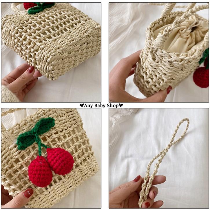 Túi cói đi chơi,đi biển đeo chéo-có quai xách hình cherry 2 màu cực xinh