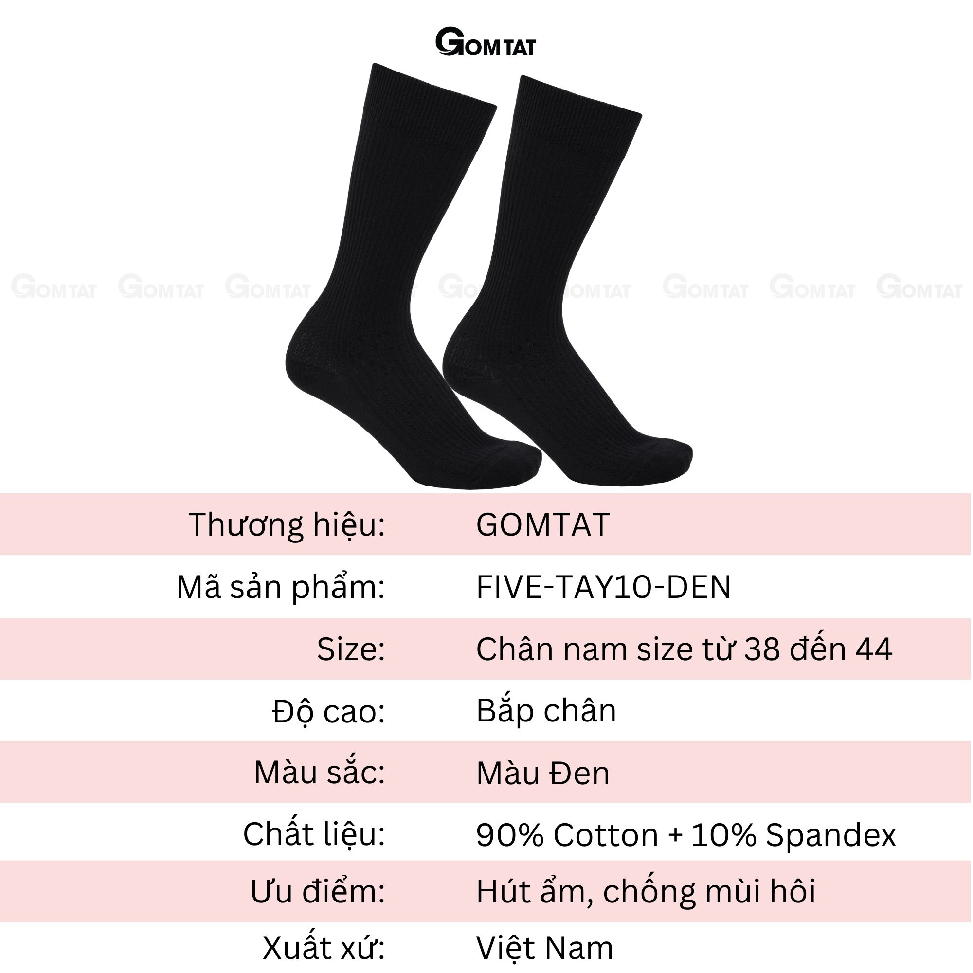 Combo 4 đôi tất vớ nam cổ cao công sở đi giày tây GOMTAT, chất liệu cao cấp họa tiết gân chìm màu đen-FIVE-TAY10-DEN-CB4