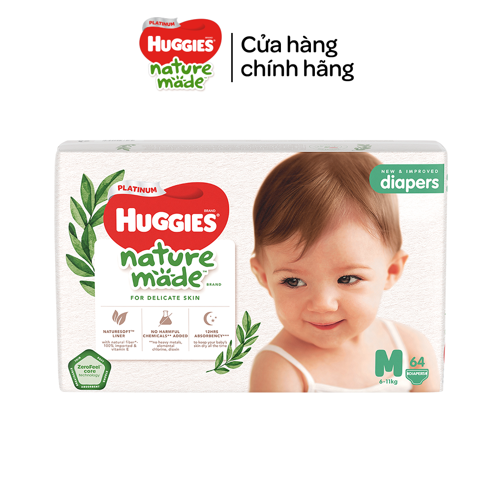 Tã/Bỉm dán Huggies Platinum NatureMade M64 (6-11kg)-Gói Jumbo 64 miếng