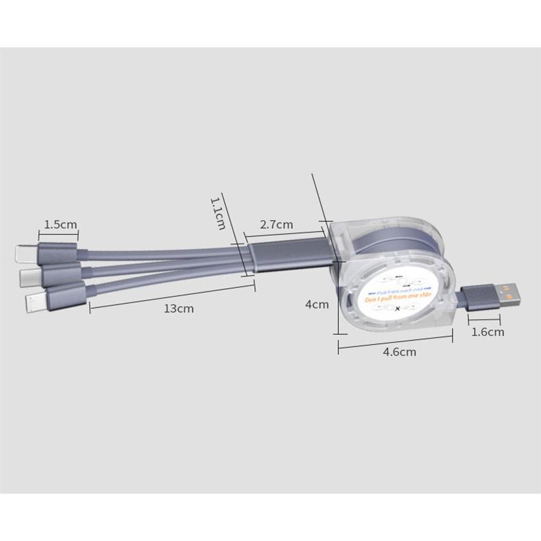 Cáp sạc dây rút 3 trong 1, có thể kéo dài rút ngắn dễ dàng,3 đầu sạc Micro, Type-C, Lightning 5.0