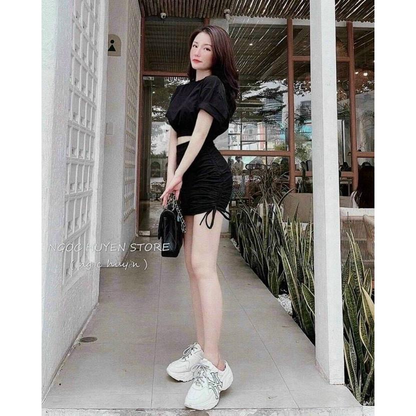 Set áo cổ tròn mix chân váy rút dây cực hot thời trang siêu xinh